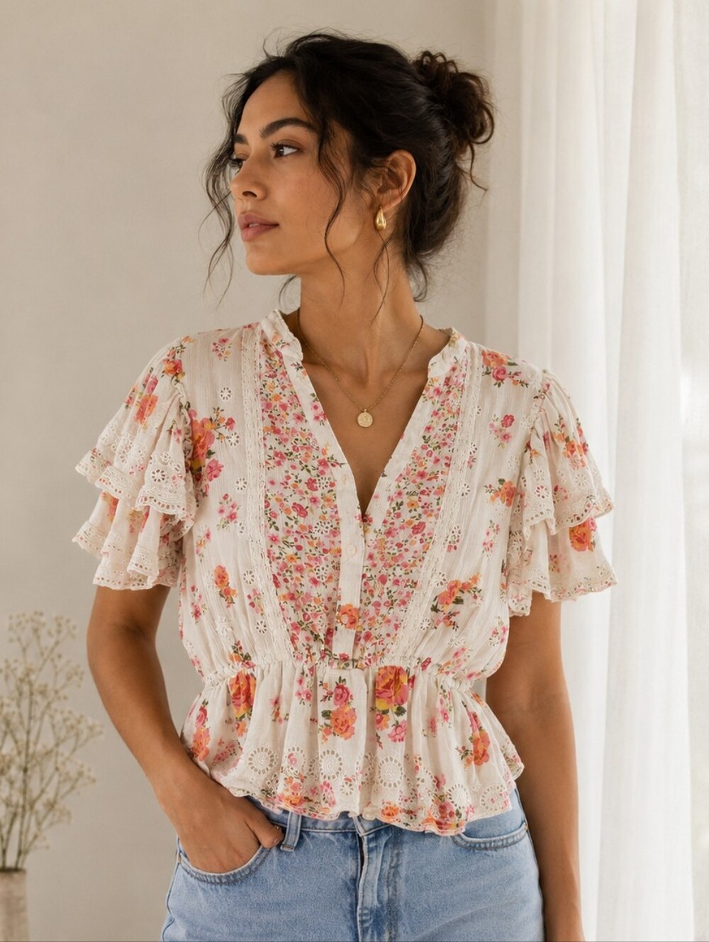 Floral Lace Trim Peplum Blouse - White with Pink & Orange Flowers